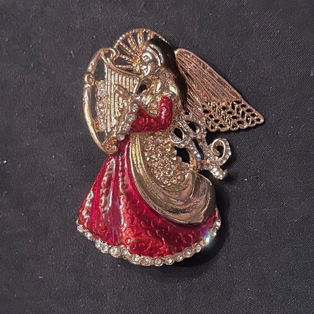 Vintage Red Enamel and Gold Tone Angel Brooch